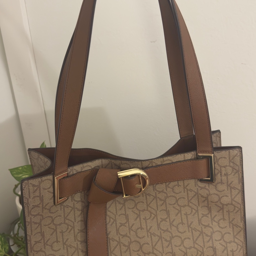 Calvin Klein Tan and Brown Monogram Large Tied Belt Tote, Gold Hardware, pouch